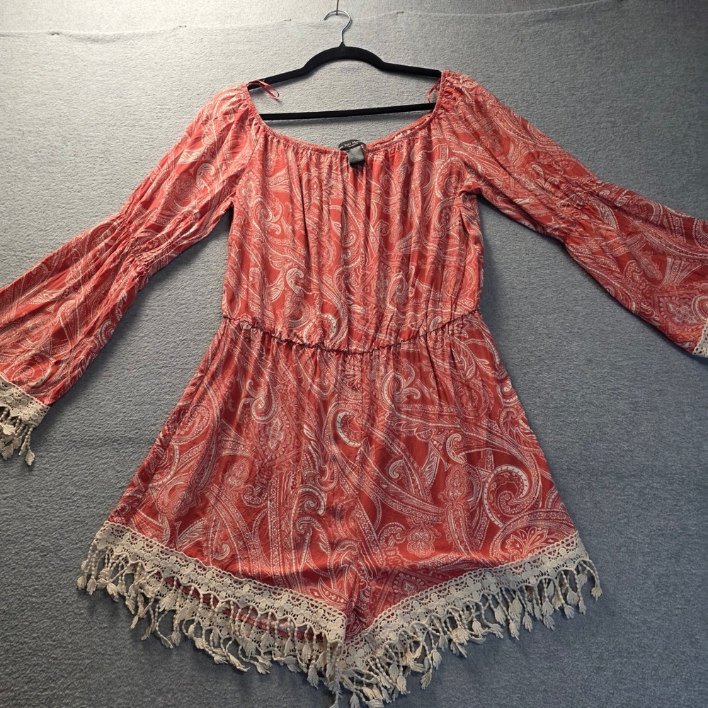 See You Monday Paisley Romper Womens XL Bell Sleeve Crochet Fringe Boho Festival